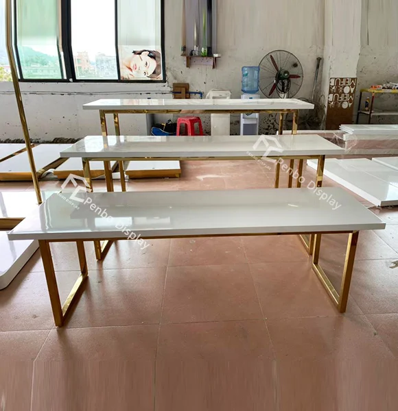 3-Tier White Laminate Wood & Metal Merchandising Display Table