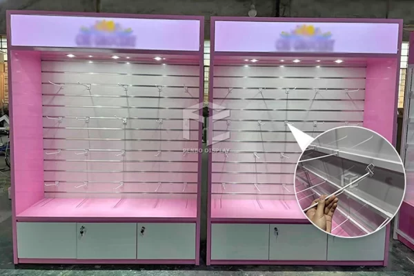 Hair display cabinets with display hooks