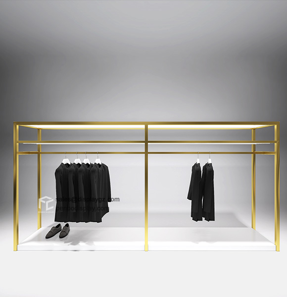 gold clothing rack with shelves