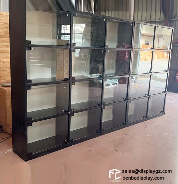 Wall mounted display case, black metal glass display cabinet, display cabinets with led