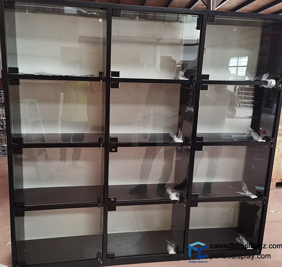 Wall mounted display case, black metal glass display cabinet, display cabinets with led
