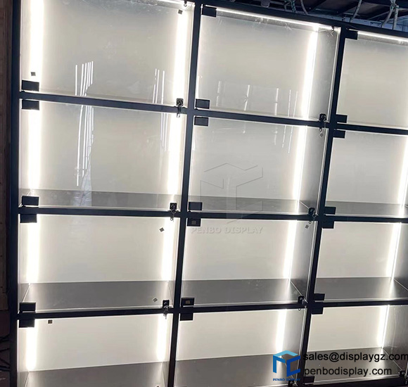 Wall mounted display case, black metal glass display cabinet, display cabinets with led