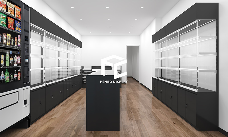 Modern smoke shop design with custom display cases and furniture.