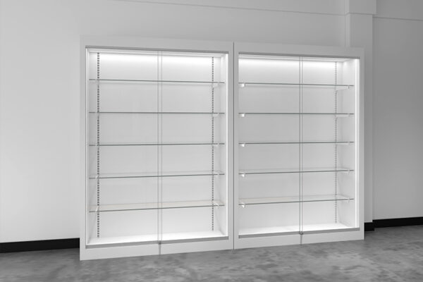 Retail store glass display cases with lights