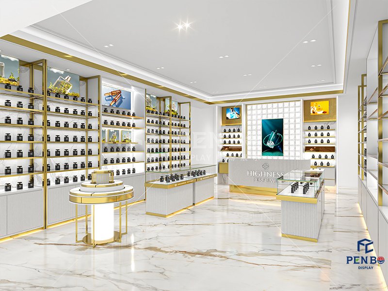 modern perfume store design，perfume display cabinets, perfume store display furniture, perfume store shelving units,custom perfume store fixtures