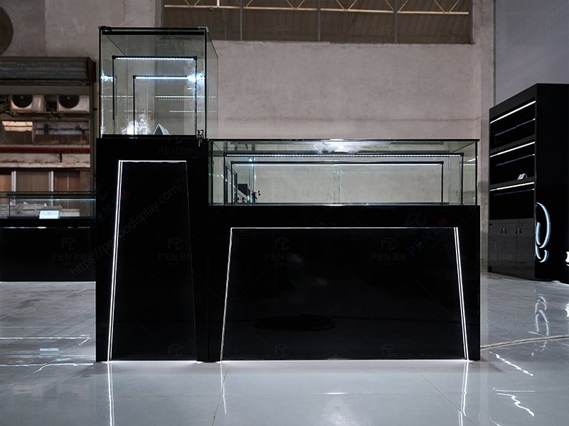 Custom black glass jewelry display case for retail, black jewelry showcase for stores