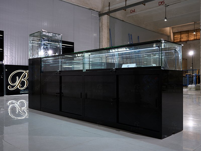 Custom black glass jewelry display case for retail, black jewelry showcase for stores