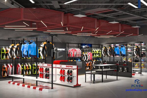 Custom motorcycle gear display fixtures | store interior design