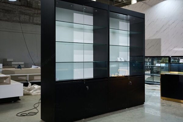 black tall glass jewelry display cabinet with lock for retail and boutique stores
