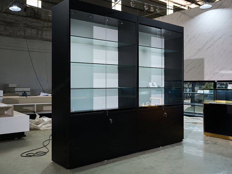 black tall glass jewelry display cabinet with lock for retail and boutique stores