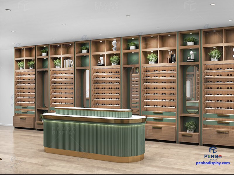 Modern custom eyewear display wall and counter for optical store