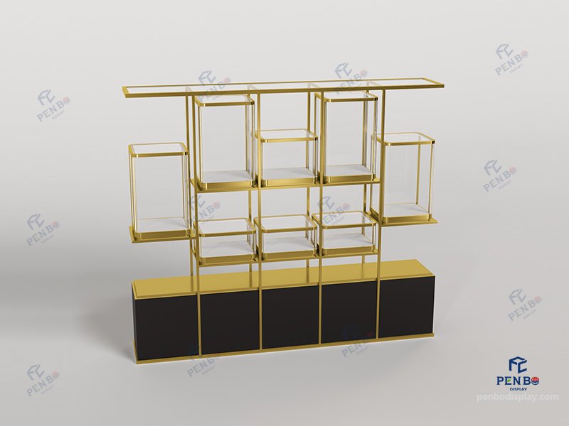 Luxury Glass & Gold Jewelry Display Cabinet for Boutique Stores