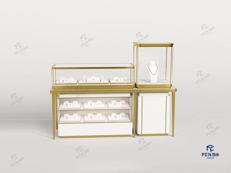 luxury jewellery showcase suppliers,Boutique Jewellery Shop Display Counter with Glass and Gold Finish