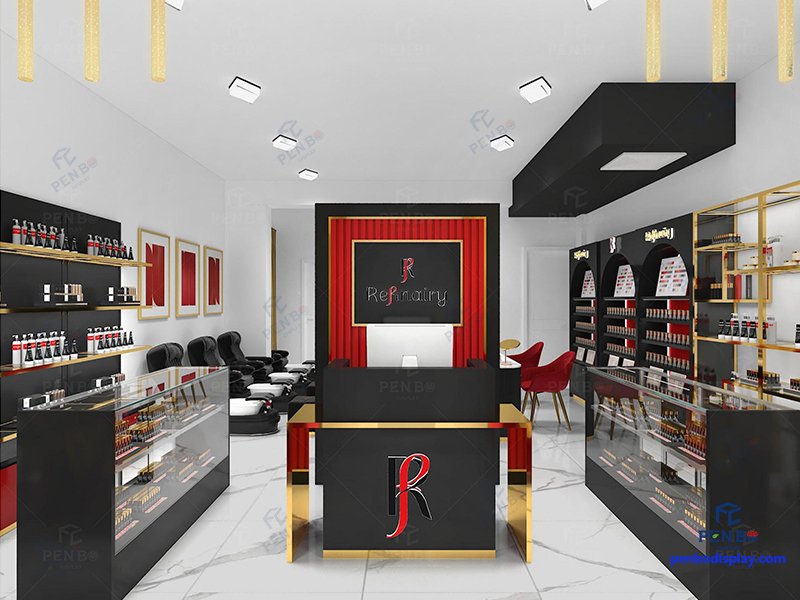 nail salon interior design,custom display cabinets for nail salon, nail polish wall display rack