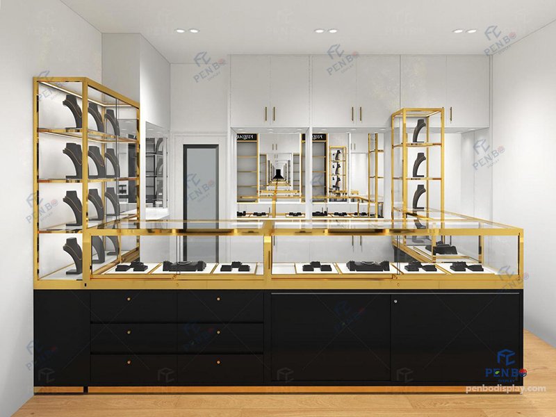 small jewelry store design, glass jewelry showcase for retail stores with gold frame and black bas