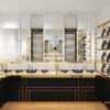 small jewelry store design, glass jewelry showcase for retail stores with gold frame and black bas