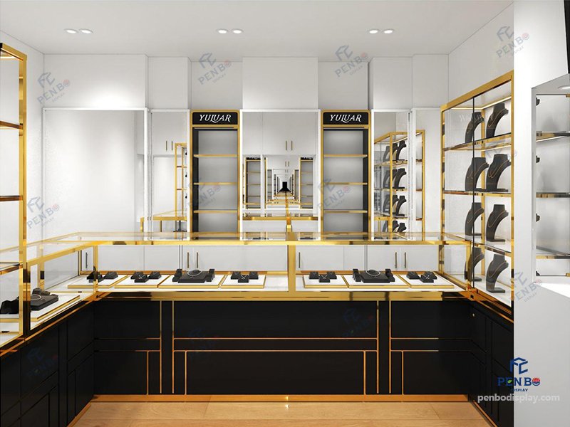 small jewelry store design, glass jewelry showcase for retail stores with gold frame and black bas