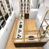 small jewelry store design, glass jewelry showcase for retail stores with gold frame and black bas