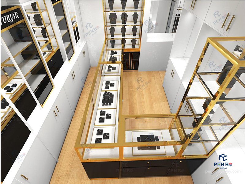 small jewelry store design, glass jewelry showcase for retail stores with gold frame and black bas