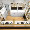 small jewelry store design, glass jewelry showcase for retail stores with gold frame and black bas