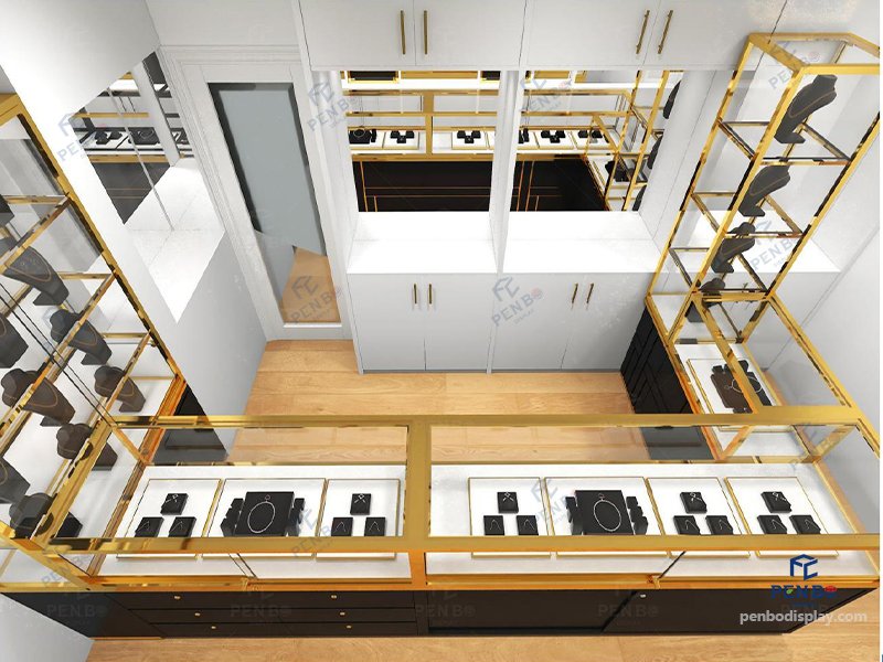 small jewelry store design, glass jewelry showcase for retail stores with gold frame and black bas