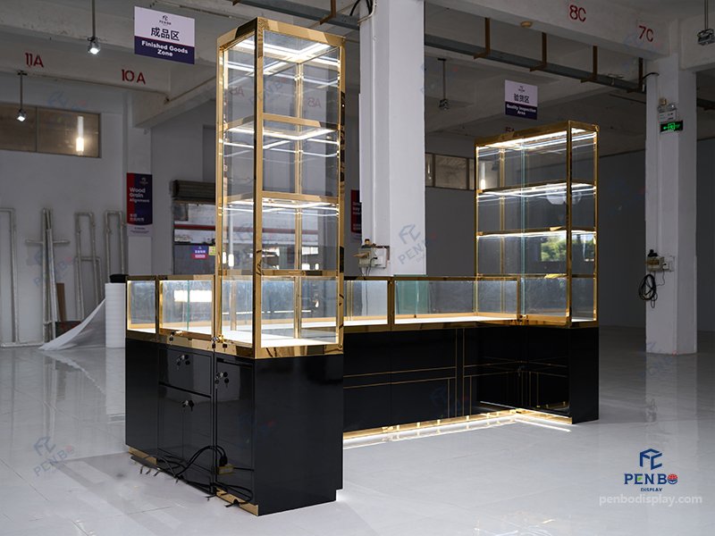 glass jewelry showcase for retail stores with gold frame and black bas