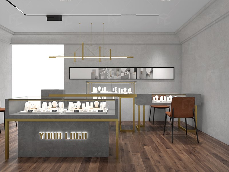 "Boutique jewelry store interior design with custom freestanding display cabinets and modern fixtures"