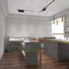 "Boutique jewelry store interior design with custom freestanding display cabinets and modern fixtures"