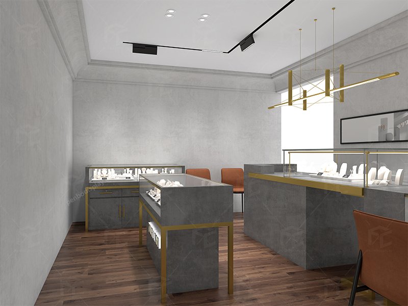"Boutique jewelry store interior design with custom freestanding display cabinets and modern fixtures"