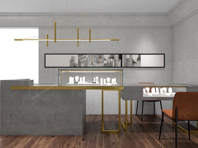 "Boutique jewelry store interior design with custom freestanding display cabinets and modern fixtures"