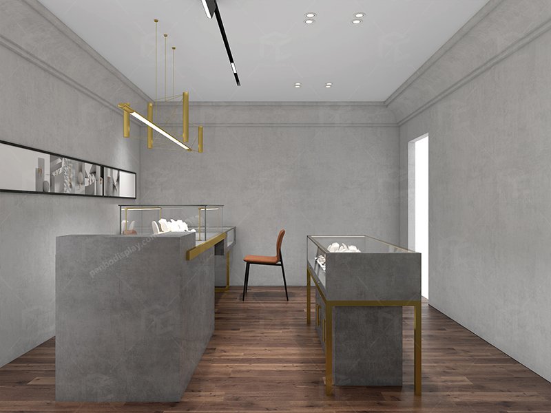 "Boutique jewelry store interior design with custom freestanding display cabinets and modern fixtures"