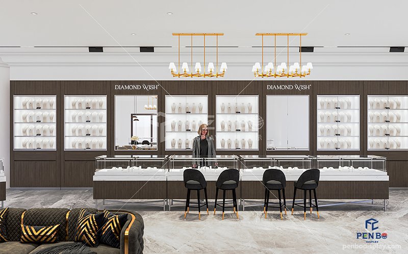 Luxury jewelry store interior design with custom display showcases and high-end furniture for flagship stores