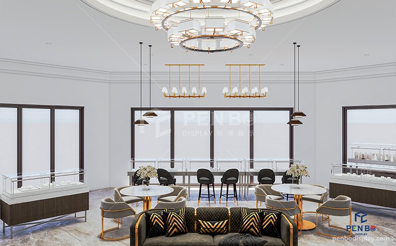 Luxury jewelry store interior design with custom display showcases and high-end furniture for flagship stores