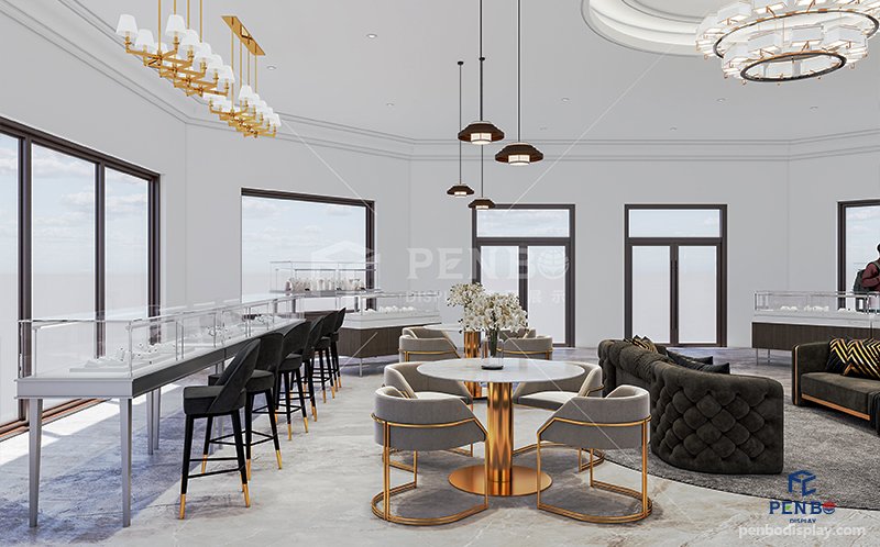 Luxury jewelry store interior design with custom display showcases and high-end furniture for flagship stores