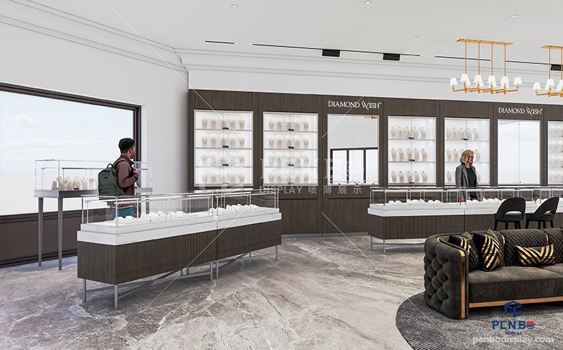 Luxury jewelry store interior design with custom display showcases and high-end furniture for flagship stores