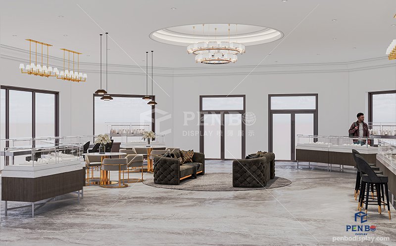 Luxury jewelry store interior design with custom display showcases and high-end furniture for flagship stores