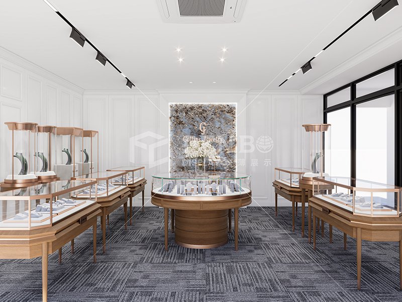 European Style Jewelry Store Design & Custom Display Cabinets, Boutique Jewelry Store Design, Rose Gold Jewelry Display Showcase