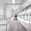 Modern jewelry wholesale showroom with custom display cabinets and glass shelving