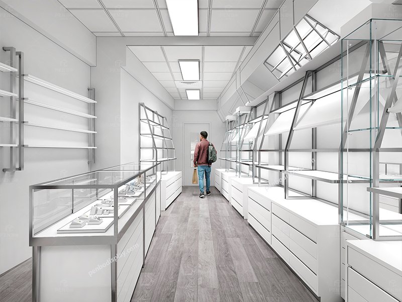 Modern jewelry wholesale showroom with custom display cabinets and glass shelving