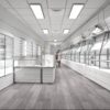 Modern jewelry wholesale showroom with custom display cabinets and glass shelving, "Large jewelry factory showroom display fixtures with white modular counters"