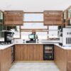 Custom outdoor coffee kiosk, Modern coffee kiosk design ,Interior layout of custom coffee kiosk with espresso machine and counter setup