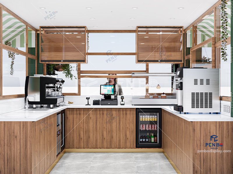 Custom outdoor coffee kiosk, Modern coffee kiosk design ,Interior layout of custom coffee kiosk with espresso machine and counter setup