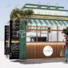 Custom outdoor coffee kiosk, Modern coffee kiosk design ,Interior layout of custom coffee kiosk with espresso machine and counter setup