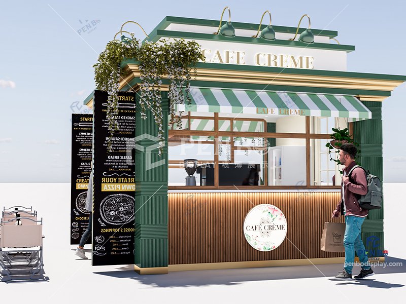 Custom outdoor coffee kiosk, Modern coffee kiosk design ,Interior layout of custom coffee kiosk with espresso machine and counter setup