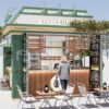 Custom outdoor coffee kiosk, Modern coffee kiosk design ,Interior layout of custom coffee kiosk with espresso machine and counter setup