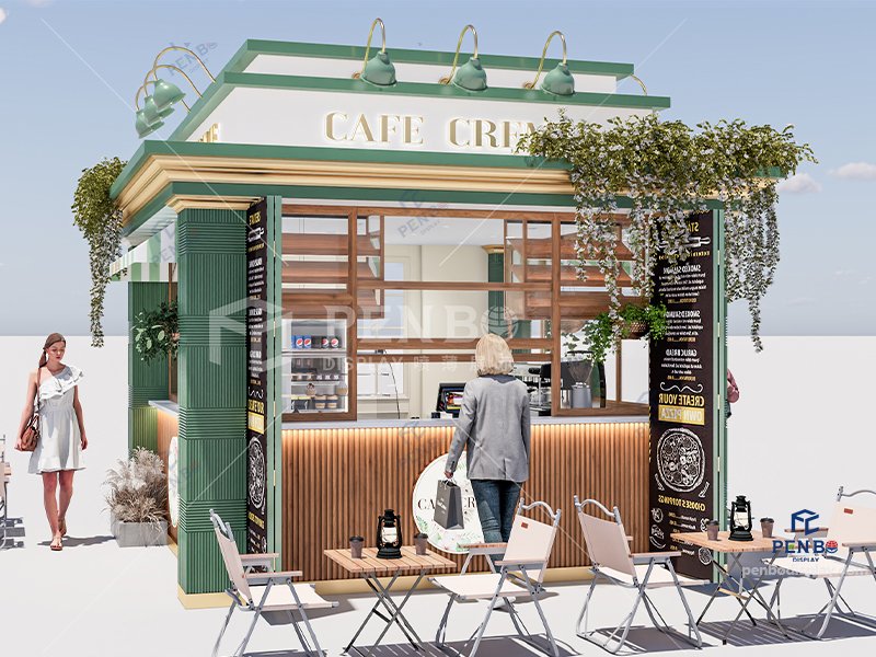 Custom outdoor coffee kiosk, Modern coffee kiosk design ,Interior layout of custom coffee kiosk with espresso machine and counter setup