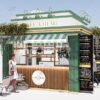 Custom outdoor coffee kiosk, Modern coffee kiosk design ,Interior layout of custom coffee kiosk with espresso machine and counter setup