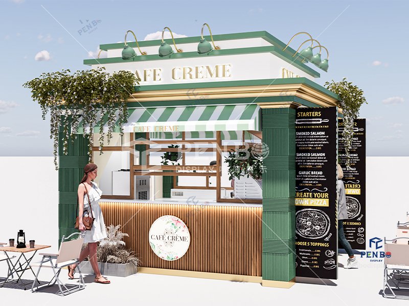 Custom outdoor coffee kiosk, Modern coffee kiosk design ,Interior layout of custom coffee kiosk with espresso machine and counter setup