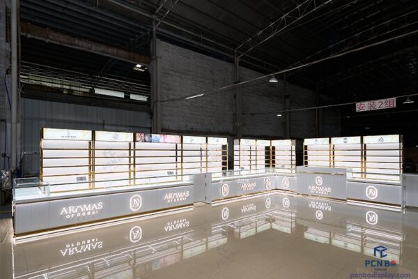 Custom Perfume Display Cabinets with Gold Frame and LED Lighting