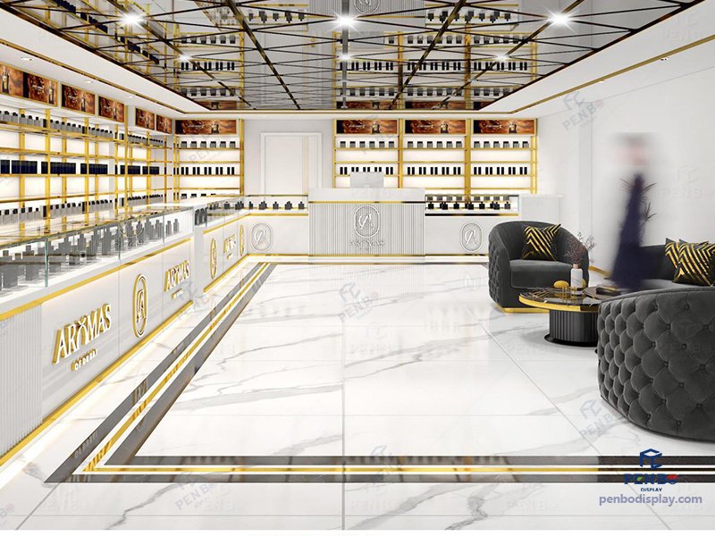 perfume display cabinets, luxury perfume shelving units, perfume shop interior design
